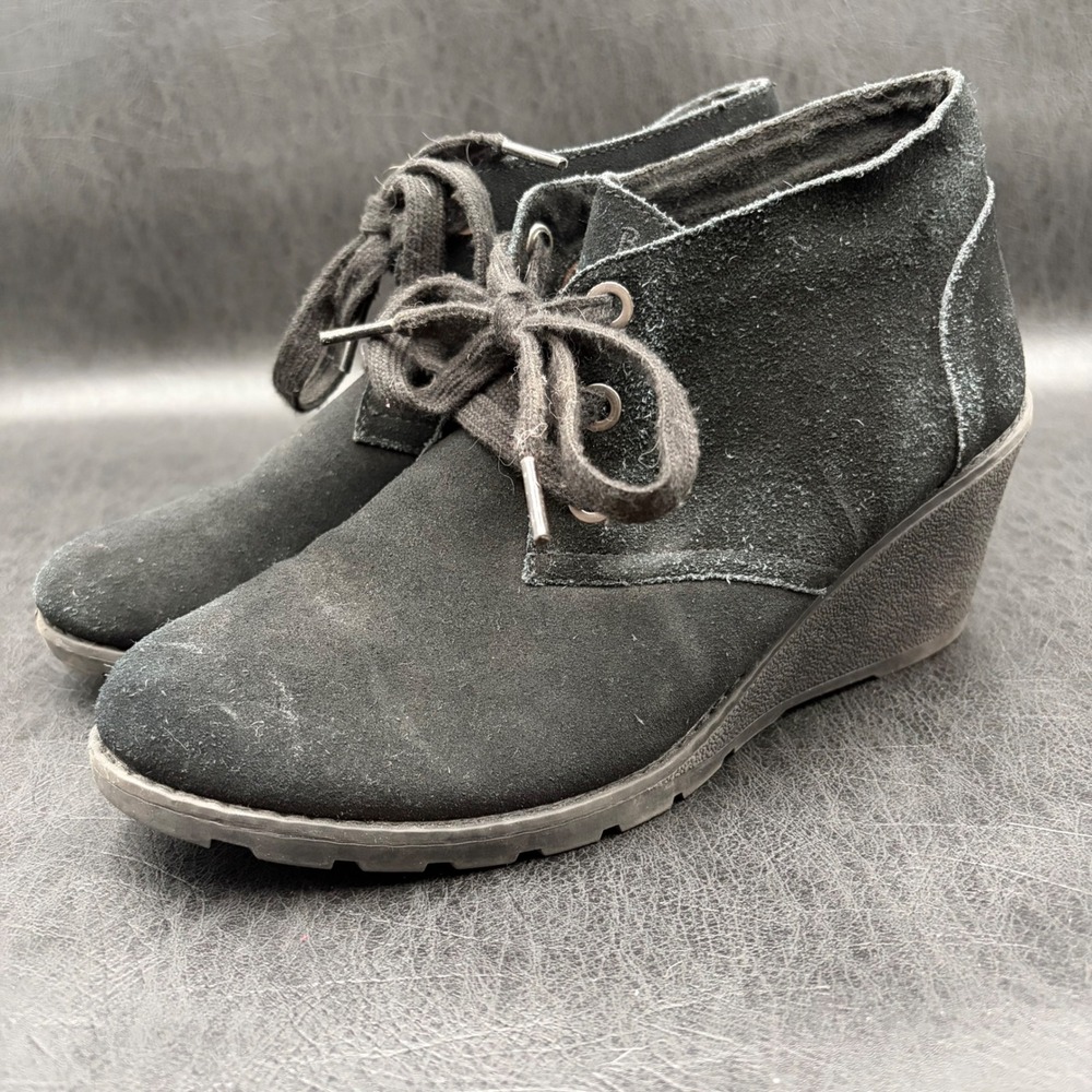 Skechers BOBS Black Suede Wedge Booties Lace Up Leopard Print - Picture 2 of 8